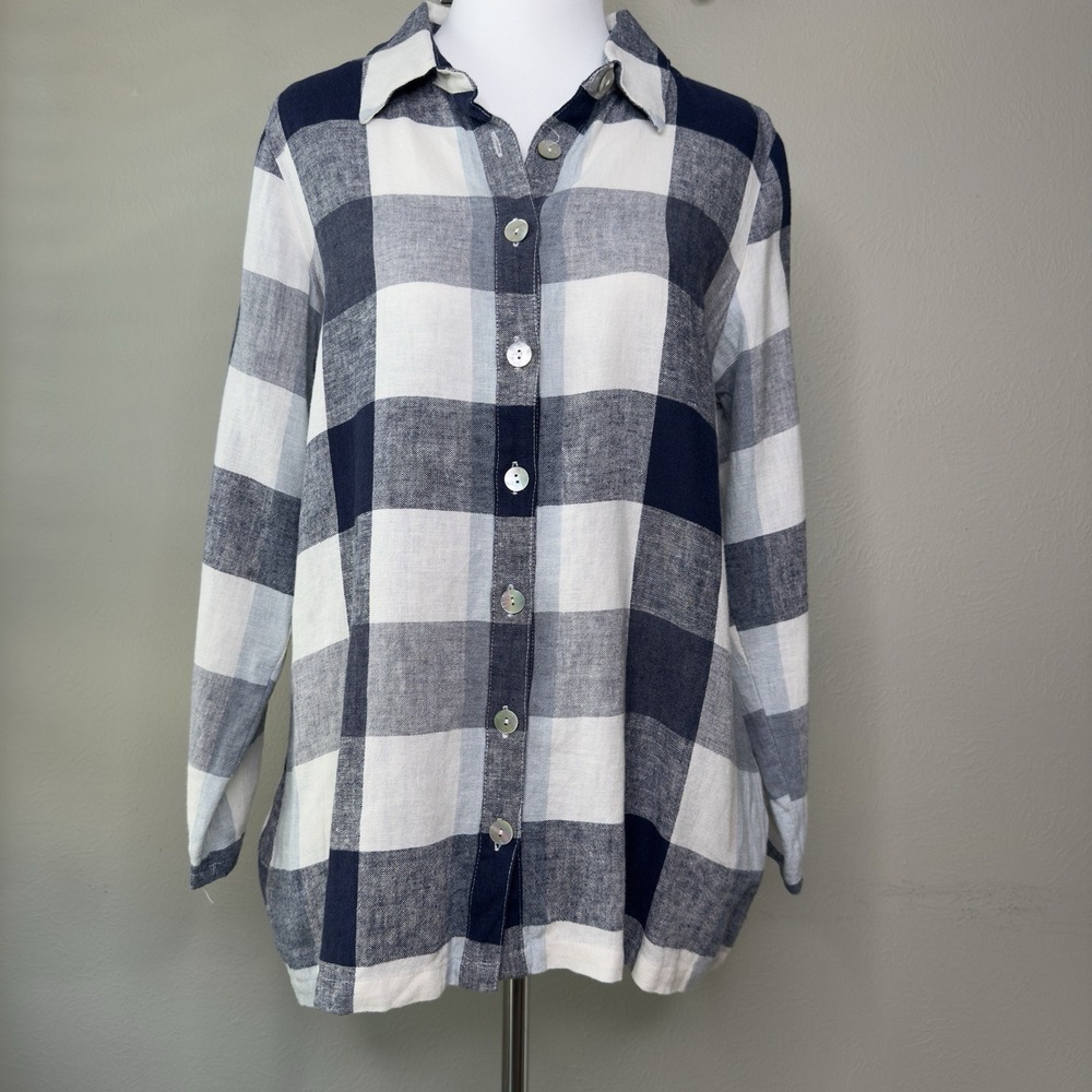 Soft Surroundings Women S Carreaux Button-Up Shirt Linen Tunic Plaid Coastal